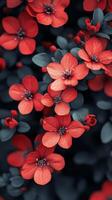 Vibrant red flowers blossom amidst lush green foliage in a serene garden setting photo