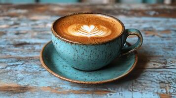 Delicious cup of latte art with heart design served in blue ceramic mug photo