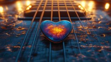Heart-shaped guitar pick resting on a musical instrument with glowing sunset backdrop photo
