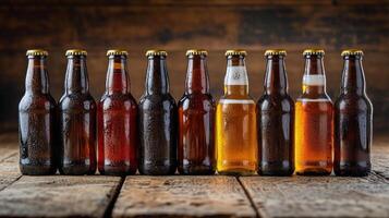 Craft beer collection displayed on rustic wooden shelf in warm lighting photo