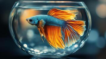 Vibrant betta fish swims gracefully in a round aquarium filled with pebbles and greenery photo