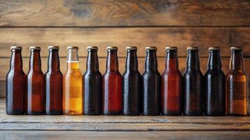 Craft beer collection displayed on rustic wooden shelf in warm lighting photo
