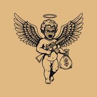 A cherubic angel figure wielding a rifle and carrying a bag of money presents a paradoxical image of innocence and violence. vector