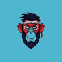 The image depicts a stylized illustration of a monkey head with a red face, headband, and aggressive expression. vector