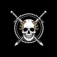 A detailed graphic illustration of a skull wearing a laurel wreath and crossed swords behind it within a rope circle. vector