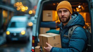 Delivery worker handling packages on a busy urban street during winter season photo