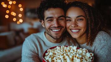Smiling couple enjoying popcorn at a festive outdoor event under string lights photo