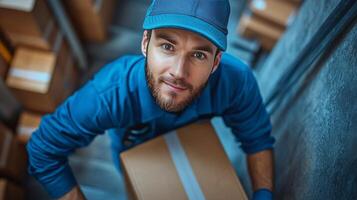 Delivery service worker sorting packages in a warehouse during daylight hours photo