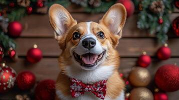 Happy corgi in a festive setting surrounded by decorations and Christmas stockings photo
