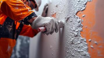 Construction worker focused on tasks in urban workshop during daylight photo