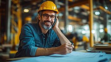 Construction manager reviewing plans while on phone in a busy workspace with soft lighting photo