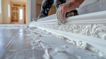Crafting decorative molding in a freshly renovated interior space photo
