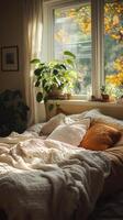 Cozy bedroom with neutral tones and natural textures for a relaxing atmosphere photo