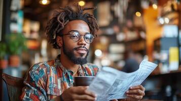 Man enjoying coffee at a cafe while reading a menu during daytime in a cozy atmosphere photo