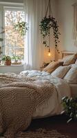 Cozy bedroom with neutral tones and natural textures for a relaxing atmosphere photo