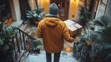 Delivery service worker sorting packages in a warehouse during daylight hours photo