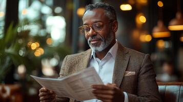 Man enjoying coffee at a cafe while reading a menu during daytime in a cozy atmosphere photo