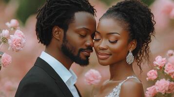 Couple sharing an intimate moment among blooming roses at dusk with soft lights in the background photo