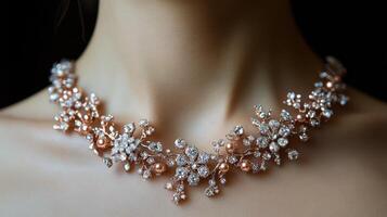 Elegant jewelry adorned with sparkling gems and pearls displayed on a persons neck photo