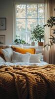 Cozy bedroom with neutral tones and natural textures for a relaxing atmosphere photo