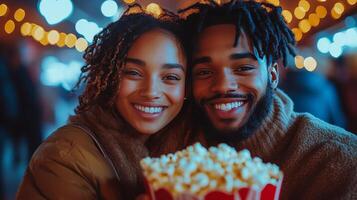 Smiling couple enjoying popcorn at a festive outdoor event under string lights photo