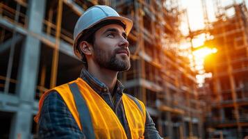 Construction worker overseeing building site with cranes and structures during daytime photo