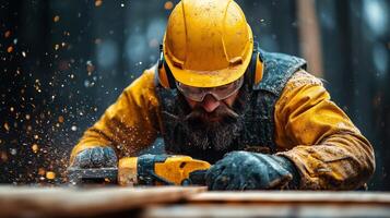 Skilled worker using power tool to refine wooden floorboards at construction site photo