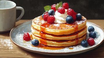 Delicious stack of pancakes topped with berries and whipped cream served with coffee photo