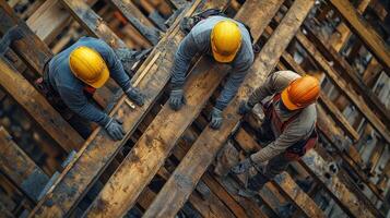 Construction workers collaborating on wooden beams at a worksite during daytime photo