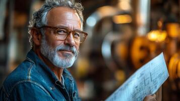 Skilled artisan reviewing blueprints in a workshop setting with warm lighting photo