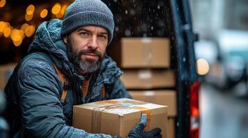 Delivery worker handling packages on a busy urban street during winter season photo