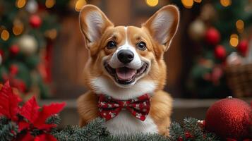 Happy corgi in a festive setting surrounded by decorations and Christmas stockings photo