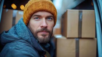 Delivery worker handling packages on a busy urban street during winter season photo