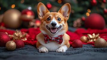 Happy corgi in a festive setting surrounded by decorations and Christmas stockings photo