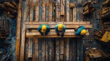Construction workers collaborating on wooden beams at a worksite during daytime photo