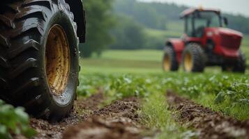 Tractor working in expansive farmland during daylight hours near rolling hills photo