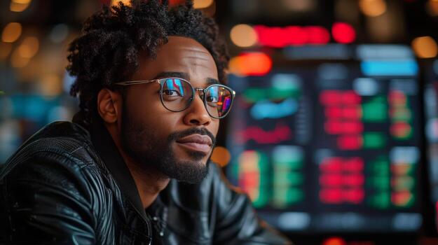 Reflective trader analyzing market trends in a modern financial environment at night photo