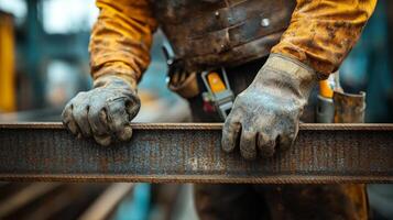 Construction worker prepares for work at urban site during overcast afternoon photo