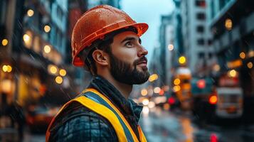 Construction worker overseeing building site with cranes and structures during daytime photo