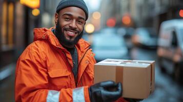 Smiling delivery worker in urban setting delivers package on rainy street photo