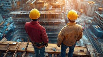 Construction workers collaborating on wooden beams at a worksite during daytime photo