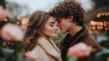 Couple sharing an intimate moment among blooming roses at dusk with soft lights in the background photo