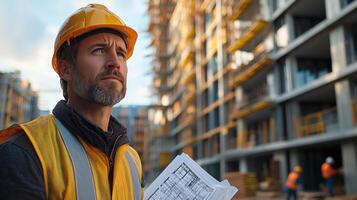 Construction worker evaluates project plans on site during golden hour at a modern building location photo