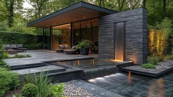 Modern outdoor living space with waterfall feature and sleek architecture surrounded by trees photo