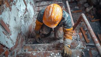 Construction worker climbing stairs in a dilapidated building during daytime hours photo