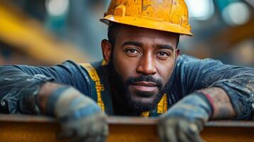 Worker inspecting rusted steel beam at construction site in daylight near urban area photo