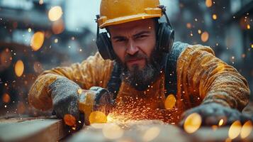 Skilled worker using power tool to refine wooden floorboards at construction site photo