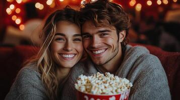 Smiling couple enjoying popcorn at a festive outdoor event under string lights photo