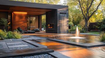 Modern outdoor living space with waterfall feature and sleek architecture surrounded by trees photo