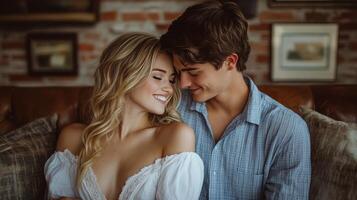 Cozy moment shared between a couple in a rustic setting during evening hours photo